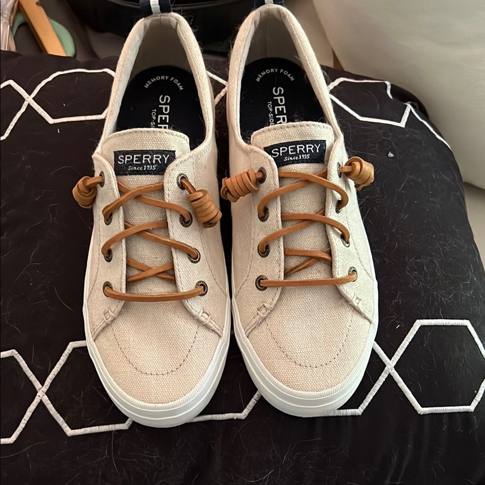 Sperry Beige Canvas Sneakers with Brown Laces